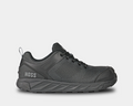 Hoss Buster Low work shoes in black with a durable mesh upper, reinforced toe, and cushioned sole, side view.
