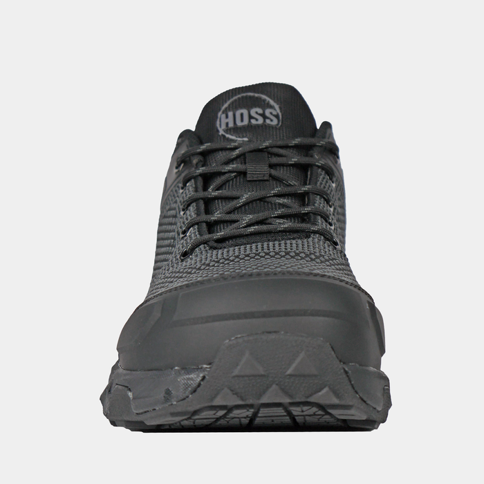 Hoss Buster Low work shoes in black with a durable mesh upper, reinforced toe cap, and rugged outsole, front view.