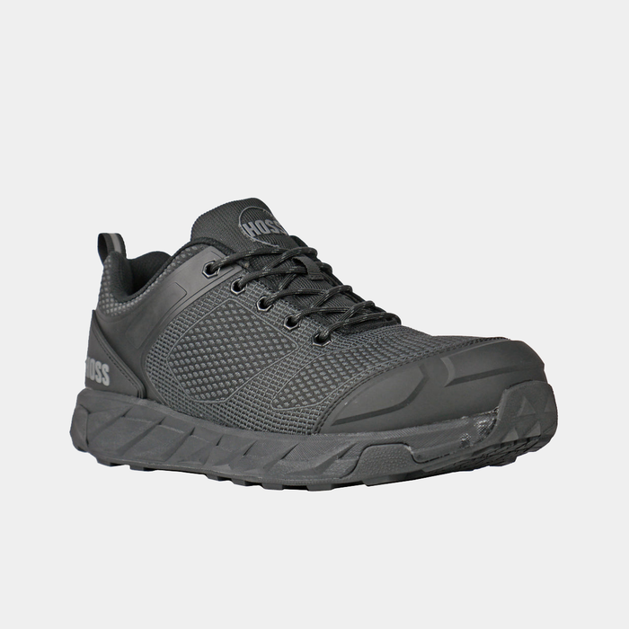 Hoss Buster Low work shoes in all-black with a durable mesh upper, reinforced toe cap, and cushioned sole, angled front view.