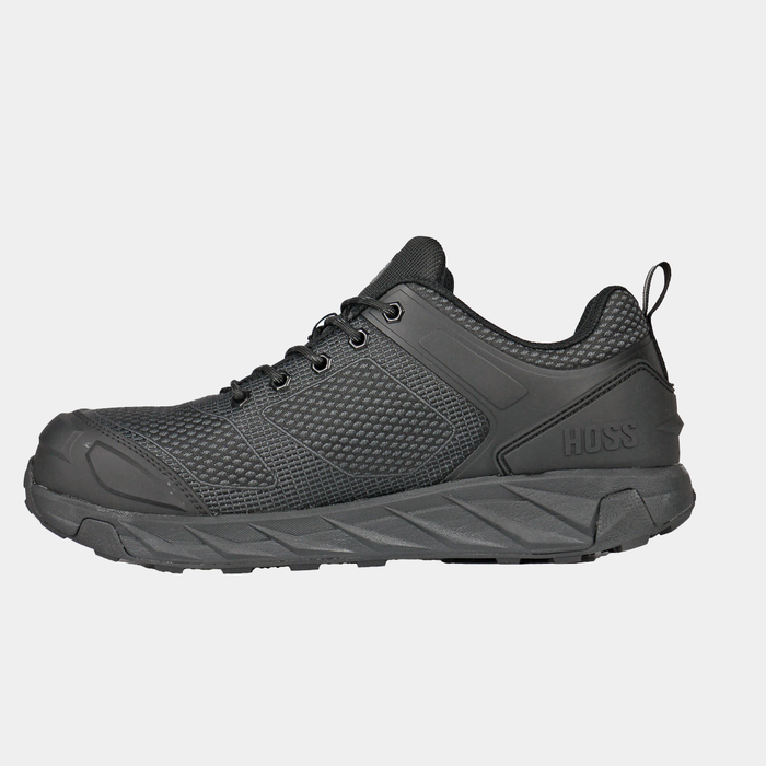Hoss Buster Low work shoes in black with durable mesh upper, reinforced toe, and textured outsole, side view.