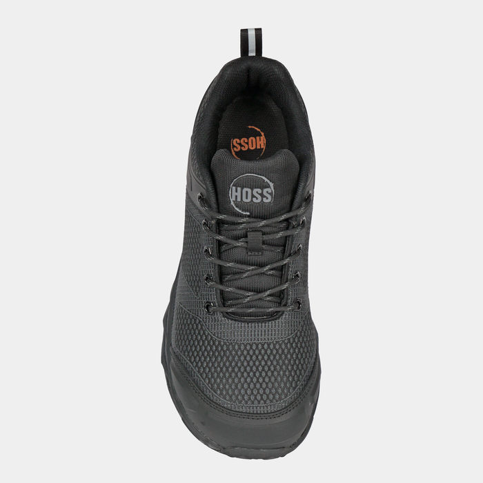 Hoss Buster Low work shoes in dark gray featuring a durable mesh upper, reinforced toe, and lace-up design, top view.