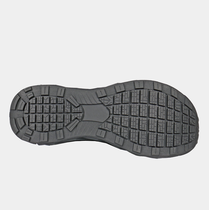 Hoss Buster Low work shoe outsole in black showing slip-resistant tread pattern and durable rubber construction.