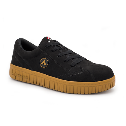 Airwalk Camino Composite Toe Work Sneaker in black with gum-colored sole, suede-like upper, and safety toe, side view.