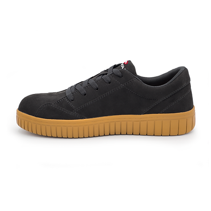 Airwalk Camino Composite Toe Work Sneaker, black upper with gum-colored slip-resistant sole, side view.