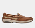 Dunham Captain Venetian slip-on shoes in brown leather with beige mesh accents, detailed stitching, and cushioned sole, side view.