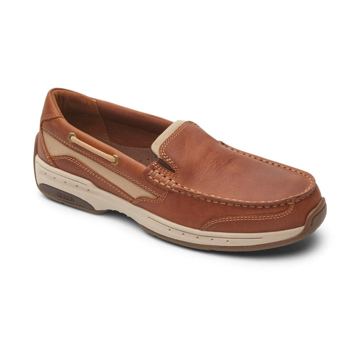 Dunham Captain Venetian slip-on shoes in brown leather with beige accents, moc-toe stitching, and cushioned sole, side angle.
