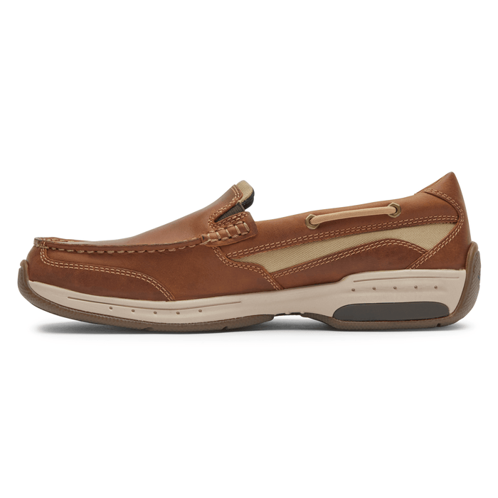 Dunham Captain Venetian slip-on shoes in brown leather with stitched detailing and tan accents, side view.
