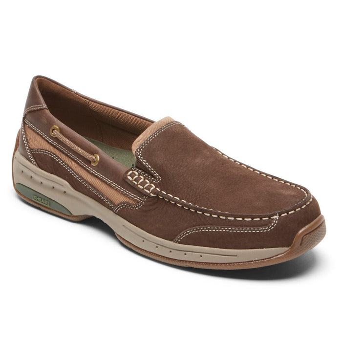 Dunham Captain Venetian slip-on shoes in brown leather with moc-toe stitching, tan accents, and cushioned sole, side angle view.