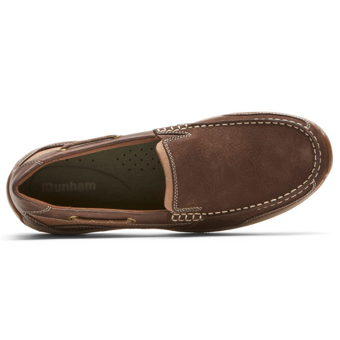 Dunham Captain Venetian slip-on shoes in brown leather with contrast stitching and cushioned footbed, top view.