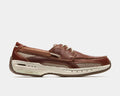 Dunham Captain boat shoes in brown leather with tan mesh panels, white cushioned sole featuring Rollbar technology, side view.