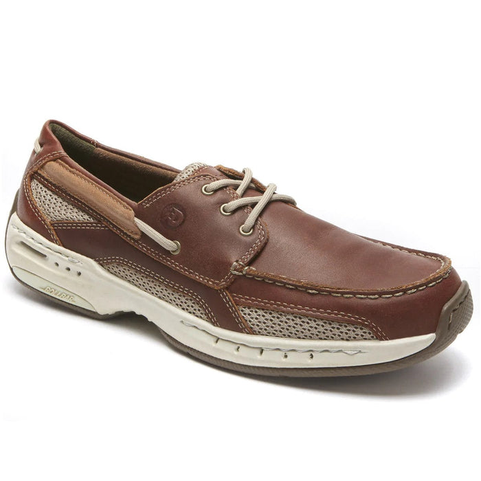 Dunham Captain boat shoes in brown leather with mesh panels, contrast stitching, and white rubber sole, side view.