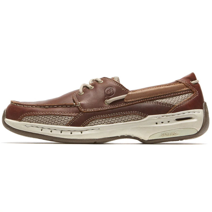 Dunham Captain boat shoes in brown leather with mesh panels and white outsole, side view.