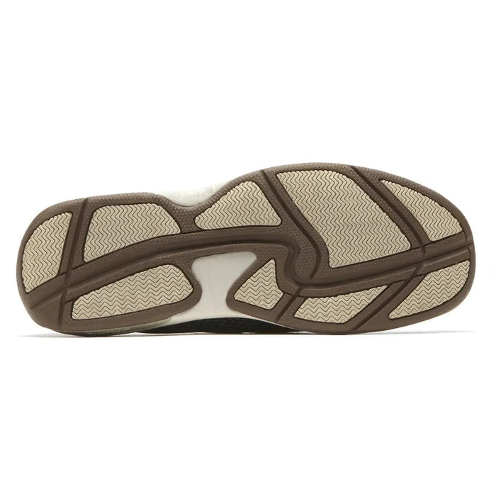 Dunham Captain shoe outsole showing brown and beige rubber tread with zigzag traction pattern.