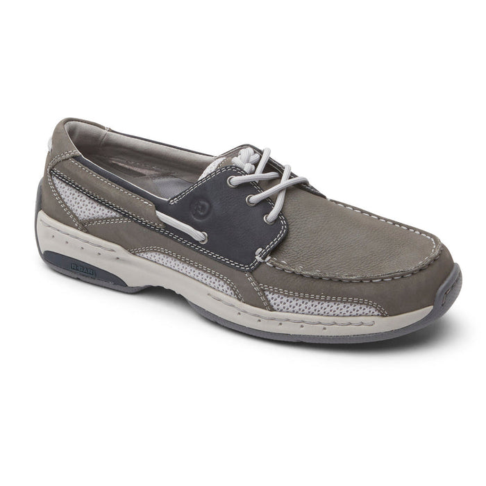 Dunham Captain boat shoes in gray and white with leather upper, mesh accents, and contrast stitching, front side angle.