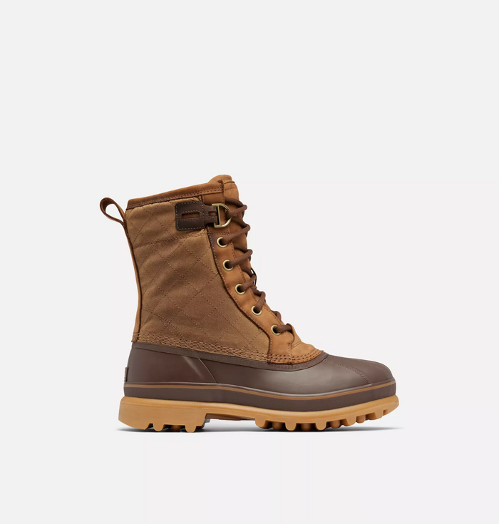 A tan waterproof winter boot with a lace-up closure, metal hardware, and a thick rubber sole.