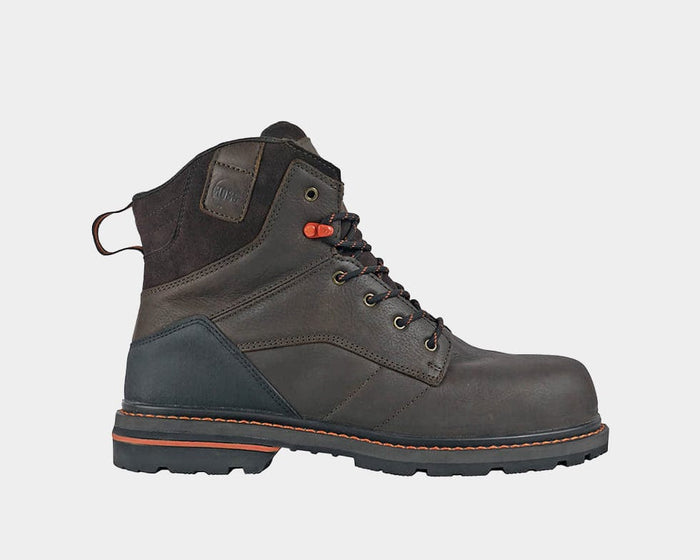 Hoss Carson 6" Composite Toe work boots in dark brown leather with black details, orange accents, and rugged sole, side view.