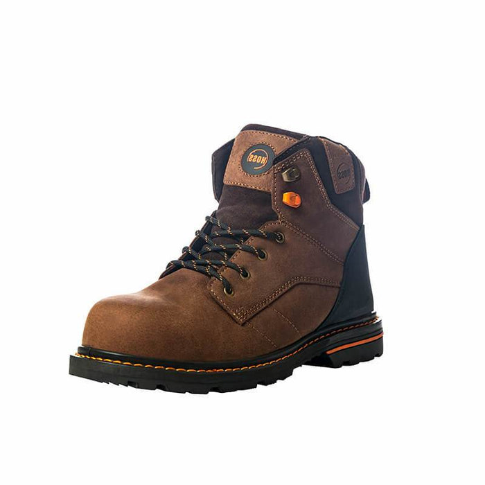Hoss Carson 6" Composite Toe work boot in brown leather with black accents, lace-up design, and orange stitching, front side view.