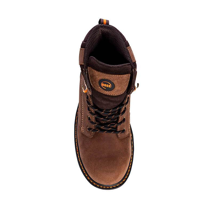 Hoss Carson 6" Composite Toe work boot in brown leather with black padded collar and orange stitched details, top view.
