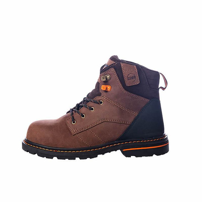 Hoss Carson 6" Composite Toe work boots in brown leather with black accents, orange stitching, and reinforced heel, side view.