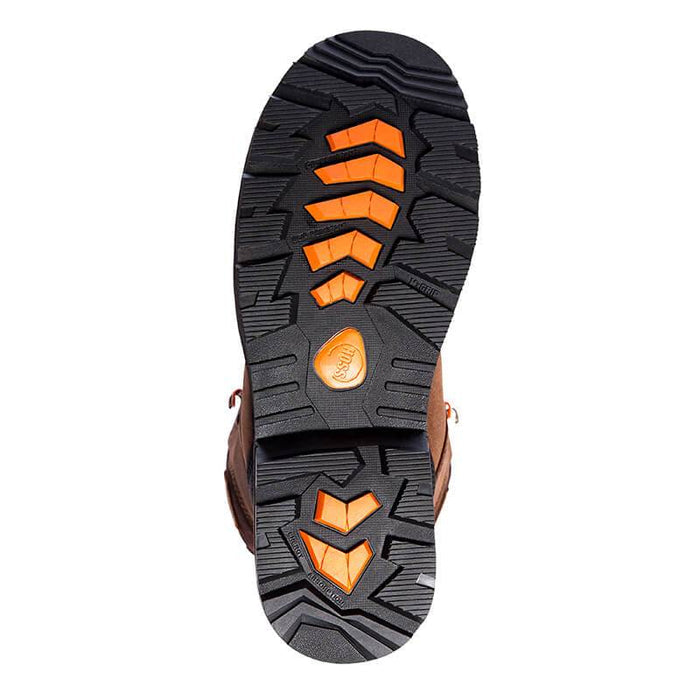 Hoss Carson 6" Composite Toe work boot outsole with slip-resistant tread in black and orange rubber, sole/bottom view.