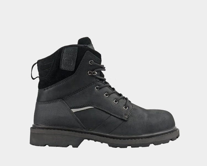 Hoss Carson 6" Composite Toe work boot in black with nubuck leather upper, metal eyelets, padded ankle collar, and durable sole, side view.