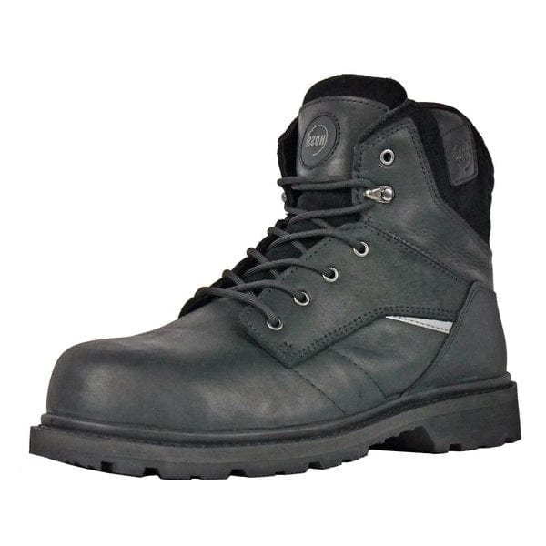 Hoss Carson 6" Composite Toe work boots in slate gray leather with black accents and rugged outsole, side view.