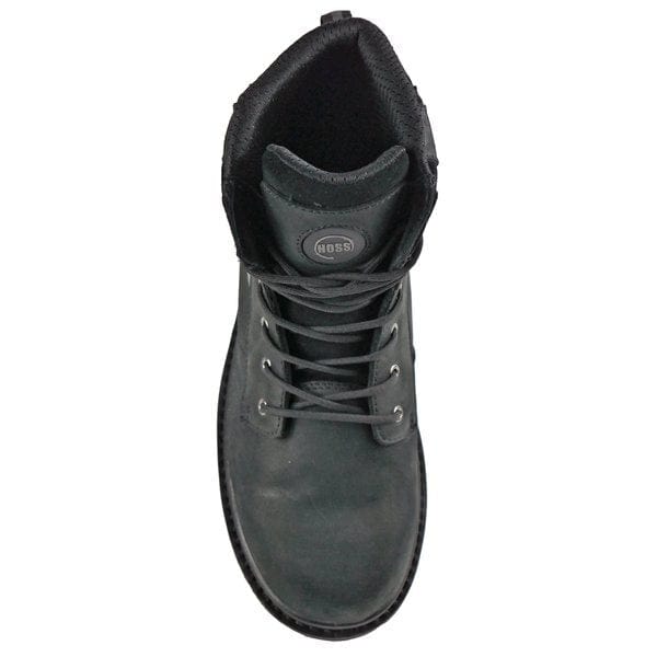 Hoss Carson 6" Composite Toe work boot, black full-grain leather with lace-up closure and padded collar, top view.