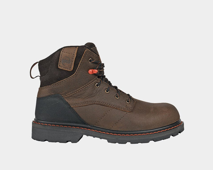 Hoss Carson 6-Inch Soft Toe boots in brown leather with black heel panel, orange stitching, and lace-up closure, side view.