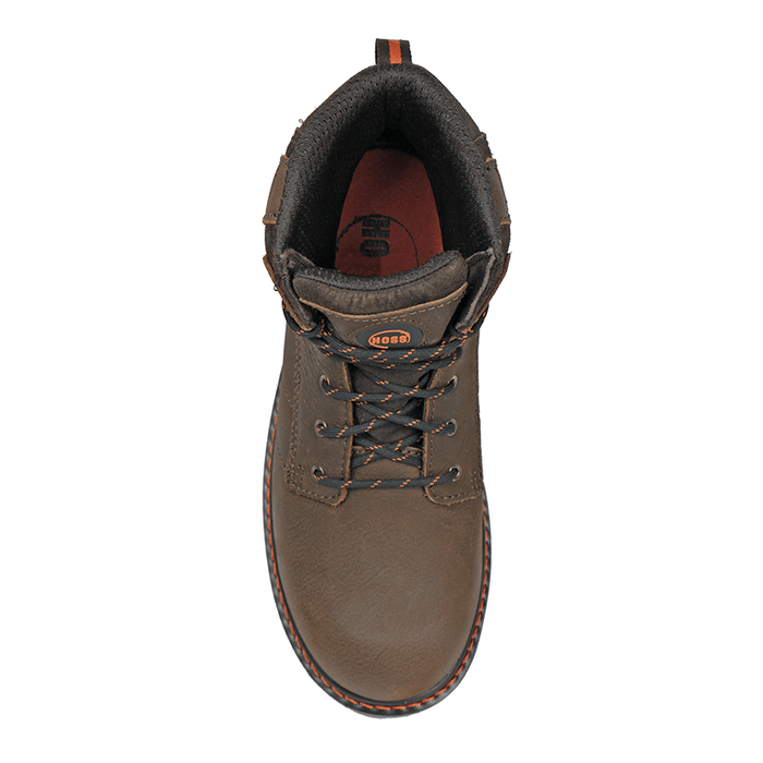 Hoss Carson 6-Inch Soft Toe work boots in brown leather with black laces and orange accents, top view showing padded collar and stitched outsole.