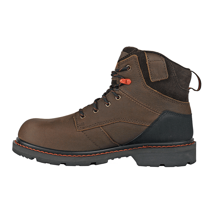 Hoss Carson 6-Inch Soft Toe work boots in brown leather with black heel support, orange stitching, and lace-up closure, side view.