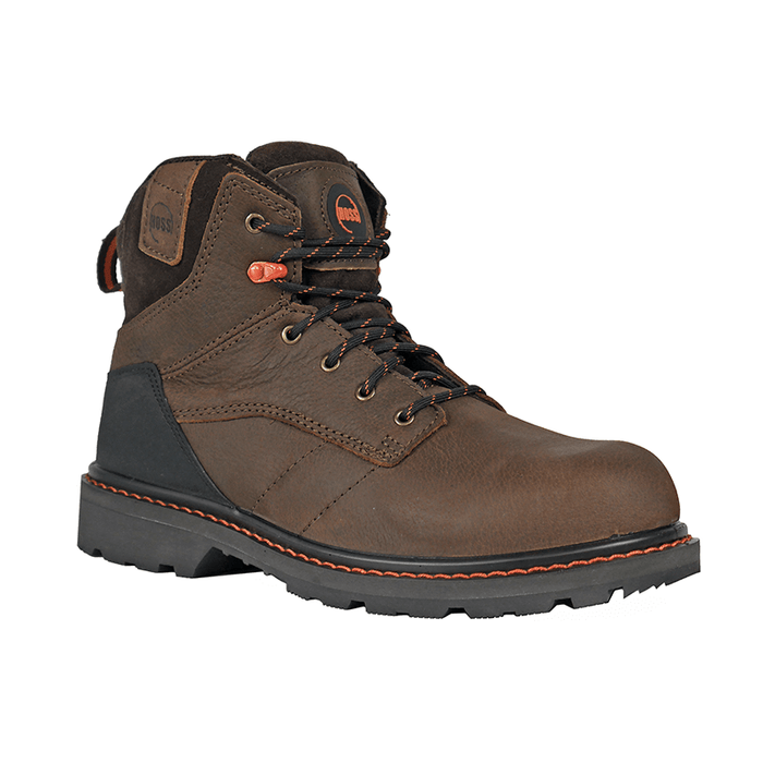 Hoss Carson 6-Inch Soft Toe work boots in brown leather with orange stitching and black outsole, side view.