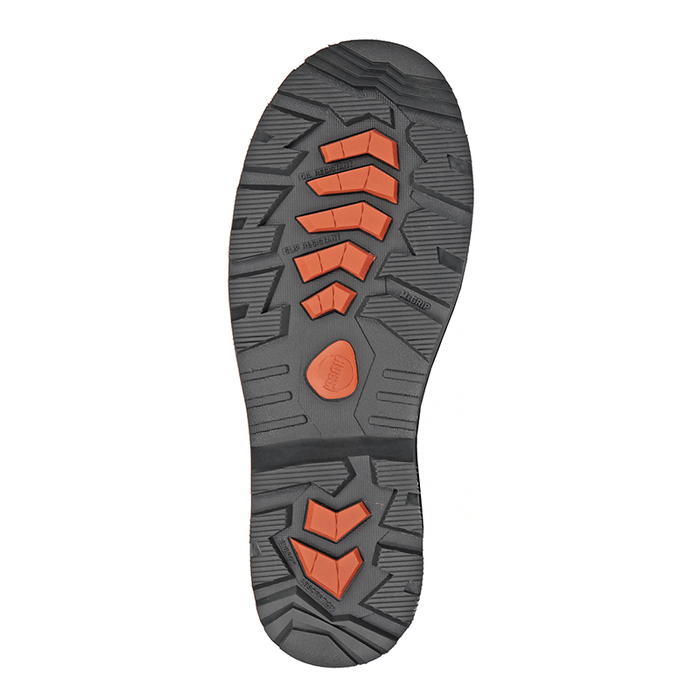 Hoss Carson 6-Inch Soft Toe work boot outsole with slip-resistant tread and orange accents, bottom view