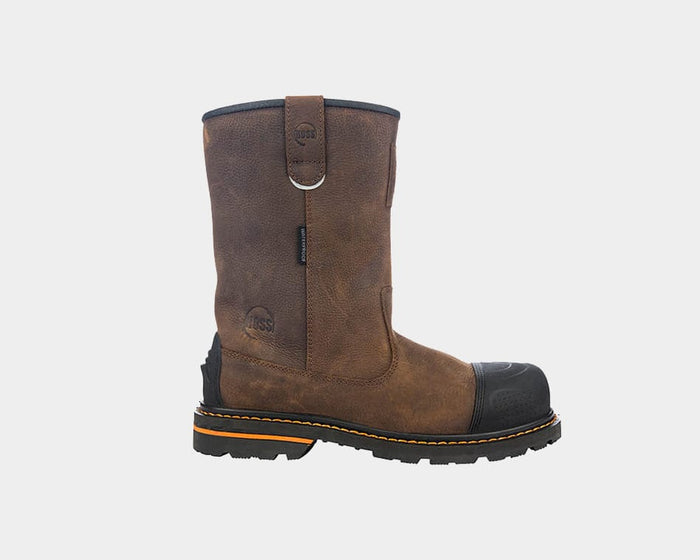 Hoss Cartwright II Wellington Soft Toe work boots in brown leather with reinforced toe cap and slip-resistant outsole, side view.