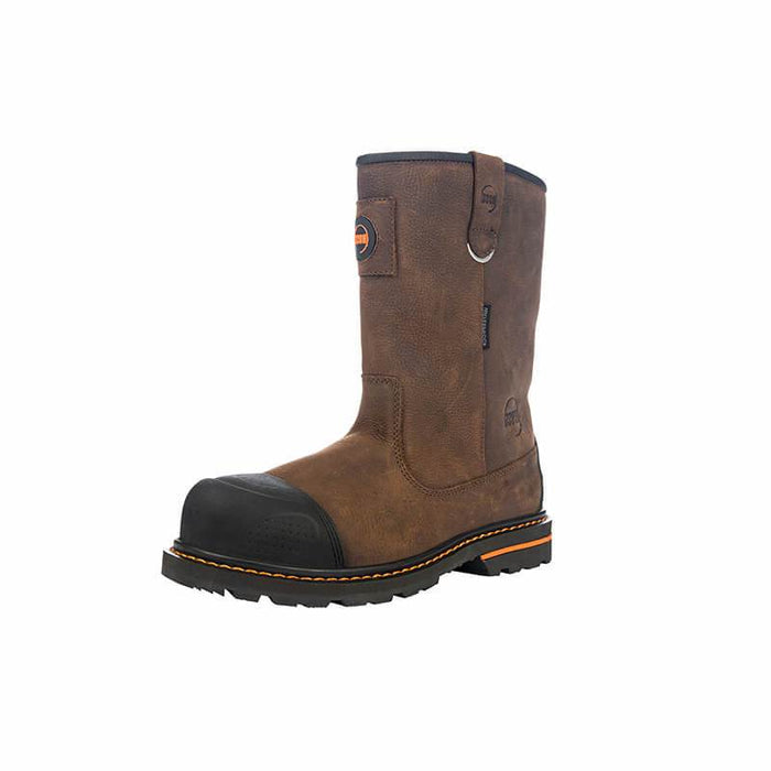 Hoss Cartwright II Wellington Soft Toe work boots in brown leather with reinforced toe and slip-resistant outsole, side view.