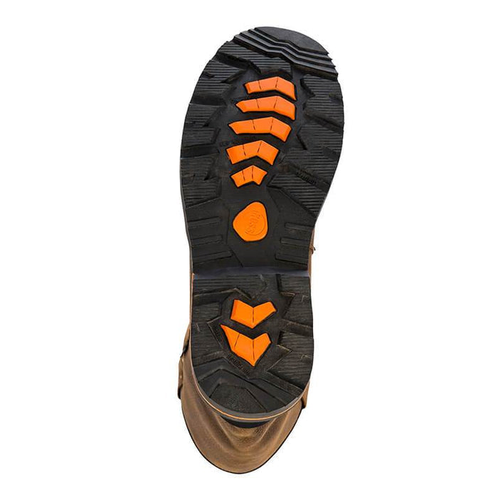Hoss Cartwright II Wellington Soft Toe work boots outsole with orange traction details and rugged black rubber tread.