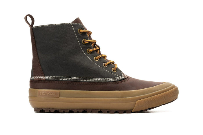 SeaVees Cascade Range Boot in brown and black featuring durable canvas upper, contrast stitching, and rubber lug sole, side view.