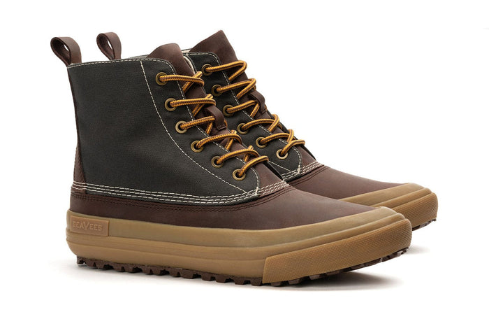 SeaVees Cascade Range Boot in brown with rugged canvas upper, leather accents, yellow laces, and gum rubber outsole, side perspective.