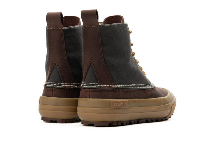 SeaVees Cascade Range Boot in brown and black with durable canvas upper, leather overlays, and rugged gum outsole, back view.