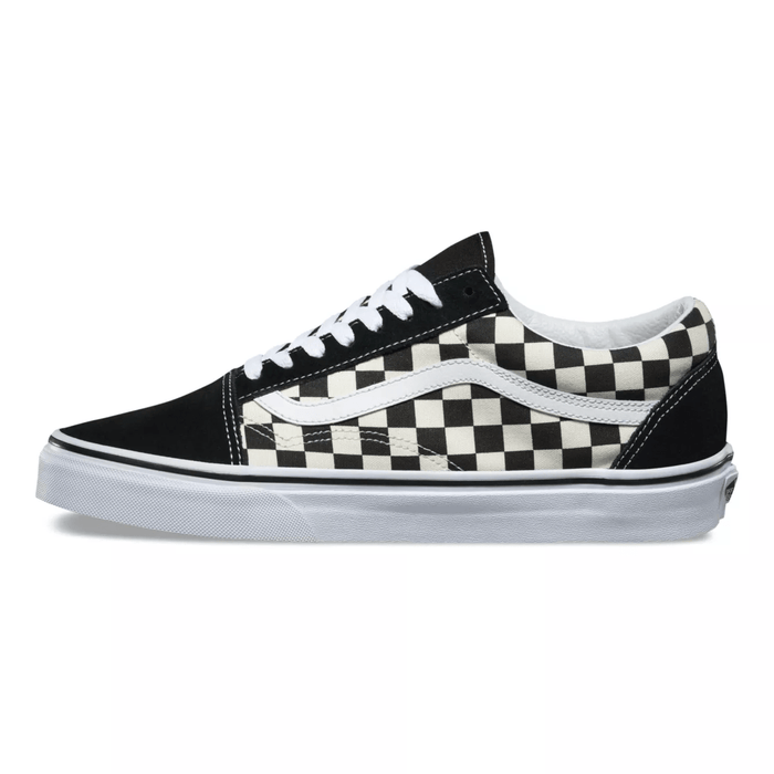 Vans Checkerboard Old Skool sneakers with black suede overlays, white leather side stripe, and black-and-white checkered canvas, side view.