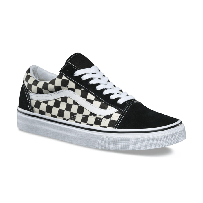 Vans Checkerboard Old Skool sneakers in black and white with suede accents and canvas checkerboard pattern, side view.