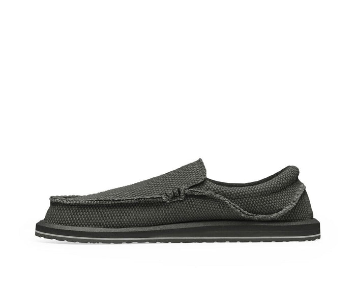 Sanuk Chiba casual shoes with textured black fabric upper, frayed edges, and cushioned sole, side view.