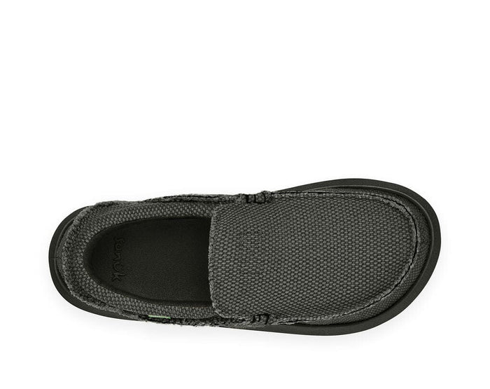 Sanuk Chiba slip-on shoes featuring a textured black canvas upper and cushioned footbed, top view.