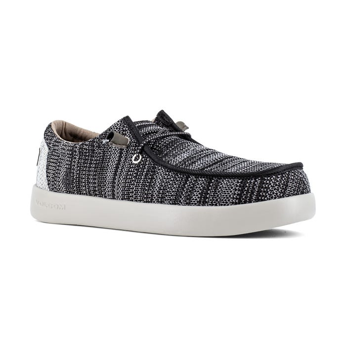 Volcom Chill Composite Toe ESD Slip-On shoes in black and white textured fabric with slip-on design and gray outsole, side view.