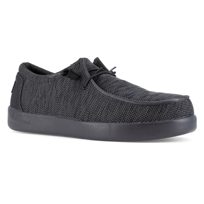 Volcom Chill Composite Toe Slip-On shoes in black with a textured mesh upper, moc-toe design, and durable black sole, side view.