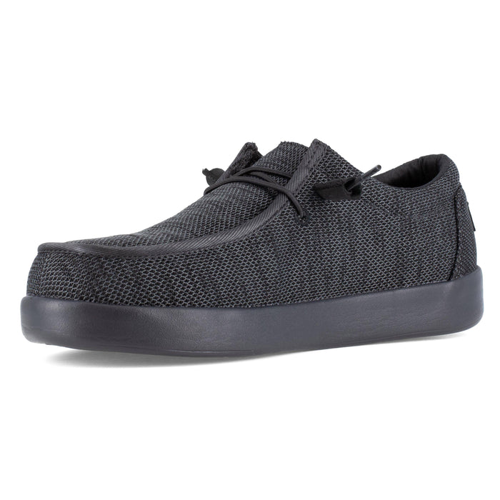 Volcom Chill Composite Toe Slip-On shoes in black with textured mesh upper and slip-resistant rubber sole, front angled view.