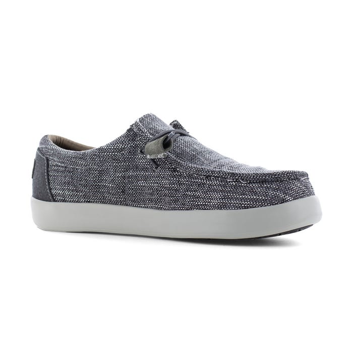 Volcom Chill Composite Toe Slip-On shoes in textured gray fabric with slip-on design and white rubber outsole, side view.