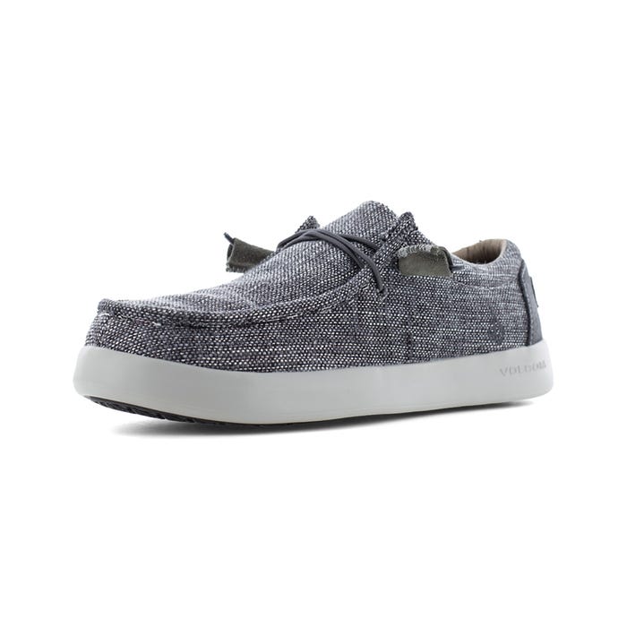Volcom Chill Composite Toe Slip-On shoes in gray textured fabric with slip-on design and white outsole, angled front view.
