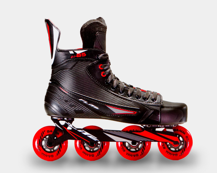 Black inline skate with red wheels on a white background