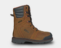 A brown leather work boot with a composite toe, waterproof membrane, and slip-resistant rubber outsole. The boot has a padded suede tongue and features the brand name 'Hoss' on the side.