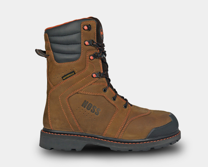 A brown leather work boot with a composite toe, waterproof membrane, and slip-resistant rubber outsole. The boot has a padded suede tongue and features the brand name 'Hoss' on the side.